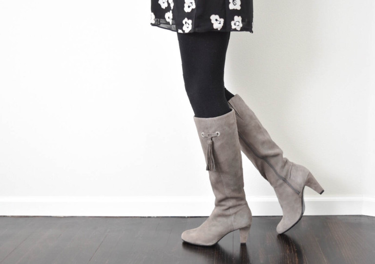 Grey Tassel Boots + Black Floral Dress